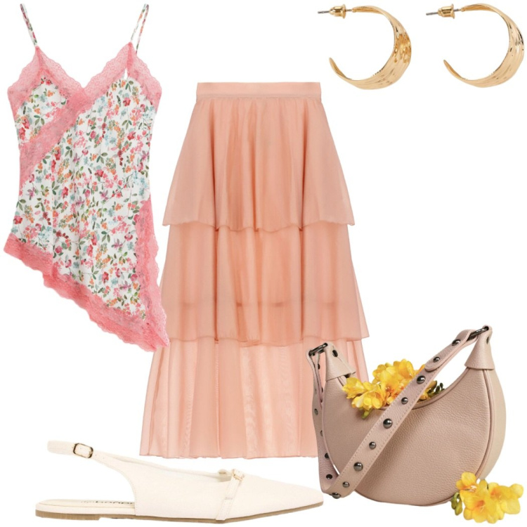 Outfit donna - Total look #2476788. Stile Romantica per Tutti i giorni. Abbinamento con ballerine, orecchini, canottiere, borse a spalla, gonne lunghe.