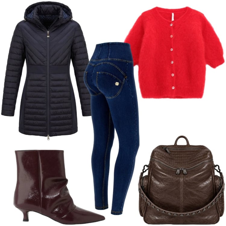 Outfit donna - Total look #2476792. Stile Trendy per Tutti i giorni. Abbinamento con piumini, jeggings, cardigans, stivaletti, zaini.