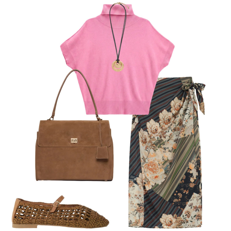 Outfit donna - Maglia e gonna. Stile Casual chic per Tutti i giorni. Abbinamento con gonne longuette, pullovers, ballerine, ciondoli, borse a mano.