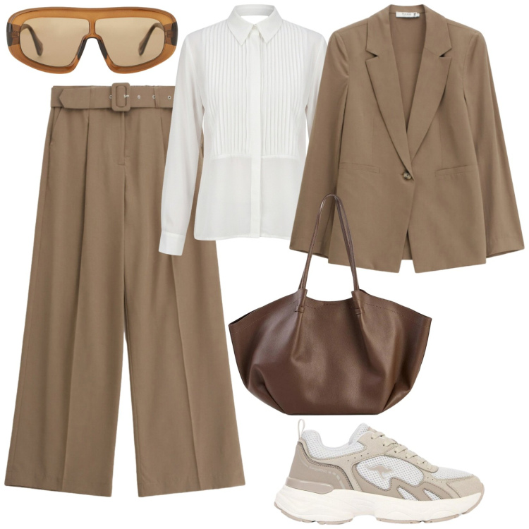 Outfit donna - Urban chic. Stile Urban per Tutti i giorni. Abbinamento con shopping bag, sneakers, occhiali da sole, camicie, blazer, pantaloni a palazzo.