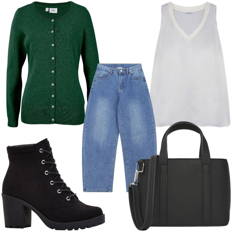 Outfit donna - Total look #2476810. Stile Casual per Tutti i giorni. Abbinamento con stivaletti, cardigans, borse a tracolla, jeans, top.