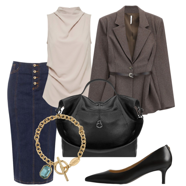 Outfit donna - Iconic business woman. Stile Chic per Ufficio. Abbinamento con blazer, gonne longuette, top, borse a spalla, décolleté, braccialetti.