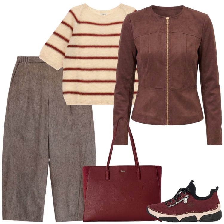 Outfit donna - Colori d\'autunno. Stile Casual per Tutti i giorni. Abbinamento con sneakers, shopping bag, pantaloni a palazzo, maglieria, blazer.