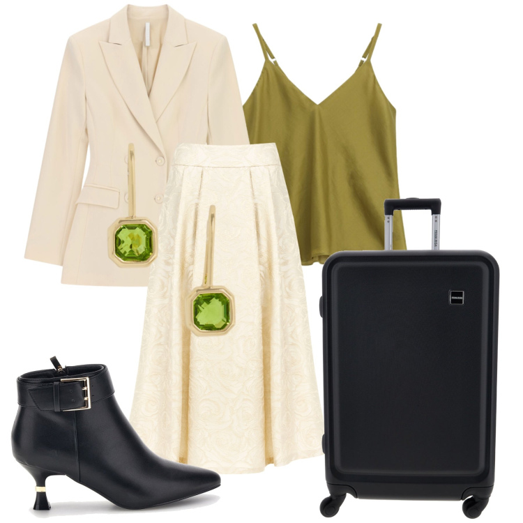 Outfit donna - Iconic business woman. Stile Chic per Ufficio. Abbinamento con blazer, top, gonne longuette, orecchini, stivaletti, valigie.