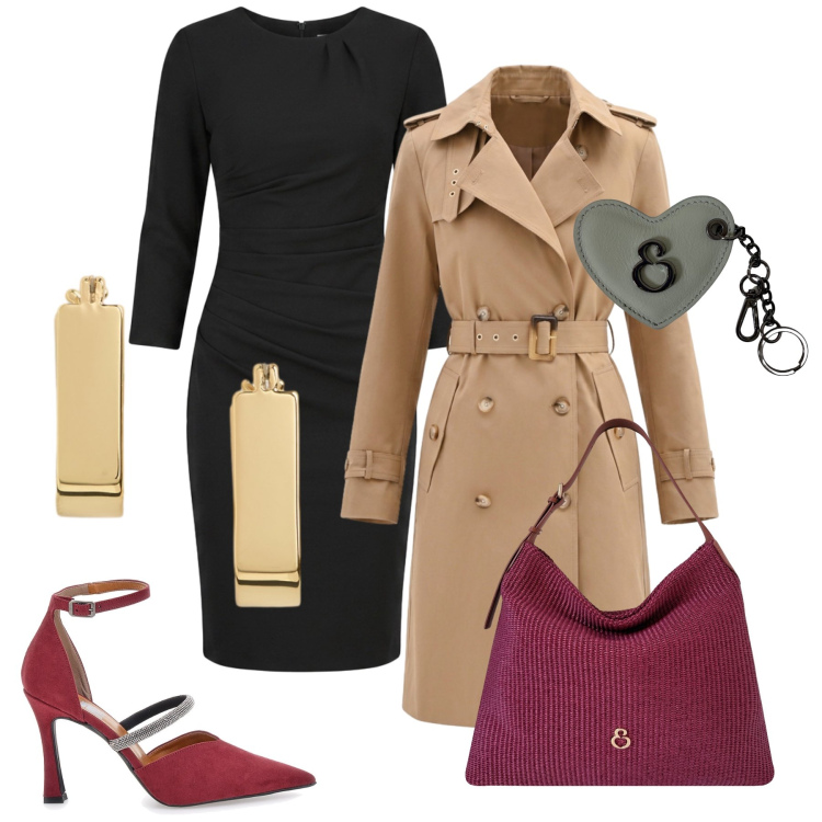 Outfit donna - Icon business woman. Stile Chic per Ufficio. Abbinamento con trench, vestiti a tubino, borse a spalla, portachiavi, orecchini, décolleté.