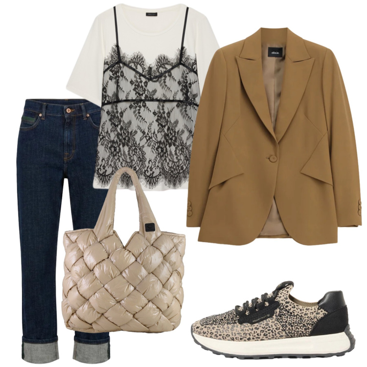 Outfit donna - Giacca in città. Stile Urban per Tutti i giorni. Abbinamento con sneakers, jeans dritti, blazer, borse tote, t-shirt.