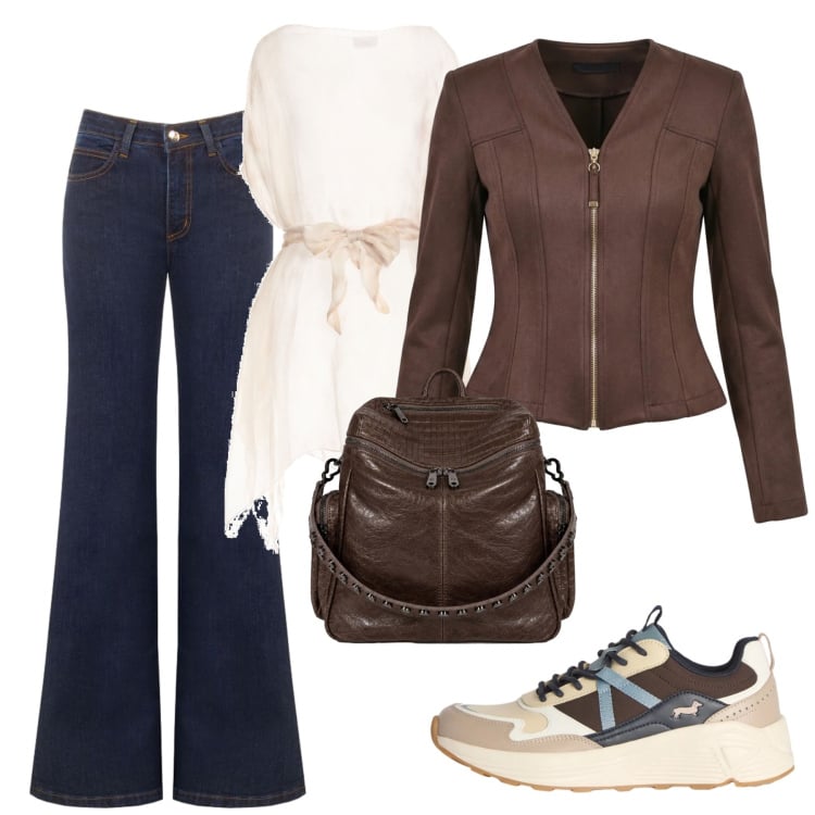Outfit donna - Giacca in città. Stile Urban per Tutti i giorni. Abbinamento con top, sneakers, blazer, jeans a zampa, zaini.