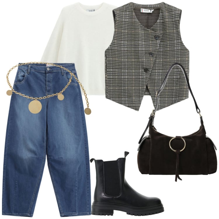 Outfit donna - Urban please. per Tutti i giorni. Abbinamento con stivaletti chelsea, borse a spalla, cinture, jeans, gilet, maglieria.