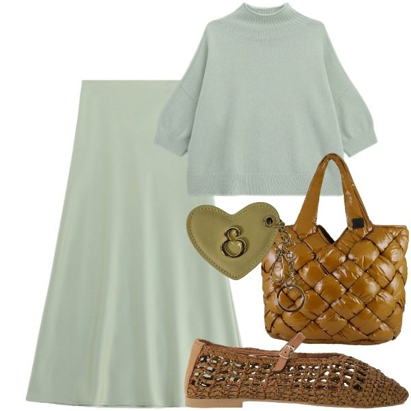 Outfit donna - Maglieria Leggera e Gonne Midi. Stile Romantica per Tutti i giorni. Abbinamento con pullovers, gonne lunghe, ballerine, borse tote, portachiavi.