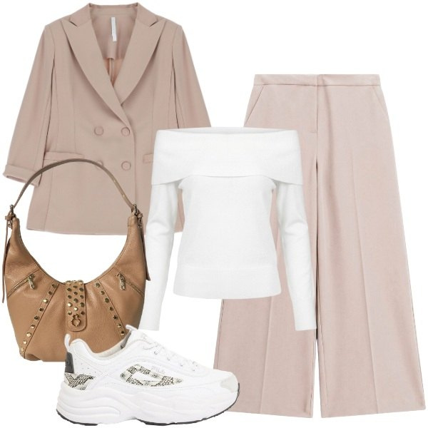 Outfit donna - Sneakers mania - @tiffany22. Stile Urban per Tutti i giorni. Abbinamento con sneakers, pantaloni a palazzo, blazer, t-shirt, borse a spalla.