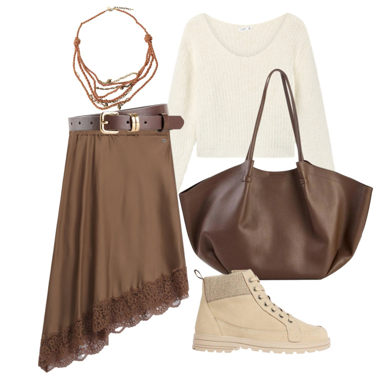 Outfit donna - Settembre. Stile Trendy per Tutti i giorni. Abbinamento con stivaletti, shopping bag, cinture, maglieria, gonne longuette, collane.