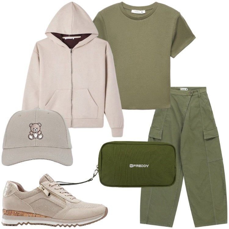 Outfit donna - Casual a settembre. Stile Casual per Tutti i giorni. Abbinamento con sneakers, cappelli con visiera, t-shirt, felpe con cappuccio, pantaloni cargo, valigie.