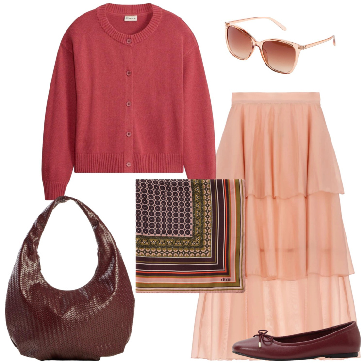 Outfit donna - Total look #2476850. Stile Romantica per Tutti i giorni. Abbinamento con occhiali da sole, ballerine, borse a spalla, cardigans, foulard, gonne lunghe.