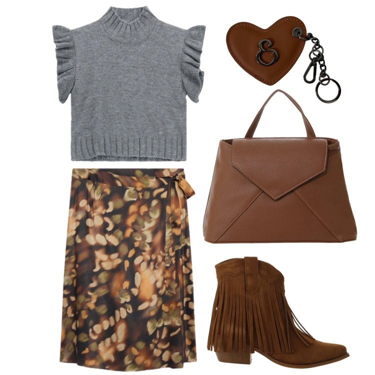 Outfit donna - Settembre. Stile Trendy per Tutti i giorni. Abbinamento con stivaletti texani, borse a mano, maglieria, gonne longuette, portachiavi.