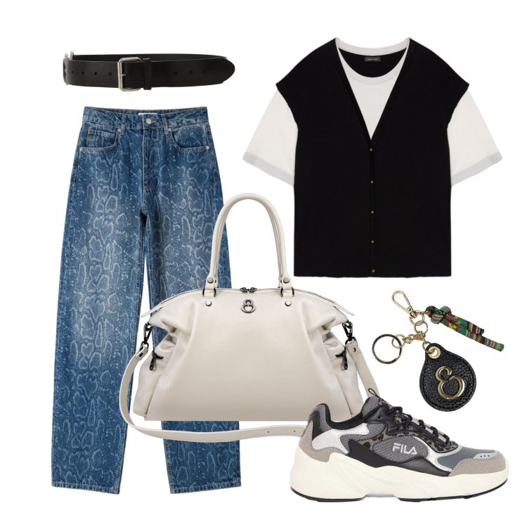 Outfit donna - Settembre. Stile Casual per Tutti i giorni. Abbinamento con sneakers, jeans dritti, cinture, maglieria, shopping bag, portachiavi.