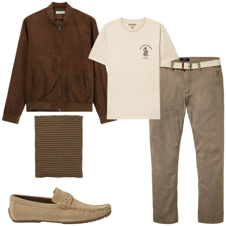 Outfit uomo - Total look #2476853. Stile Trendy per Serata speciale. Abbinamento con scarpe stringate, bomber, scaldacollo, t-shirt, pantaloni chino.