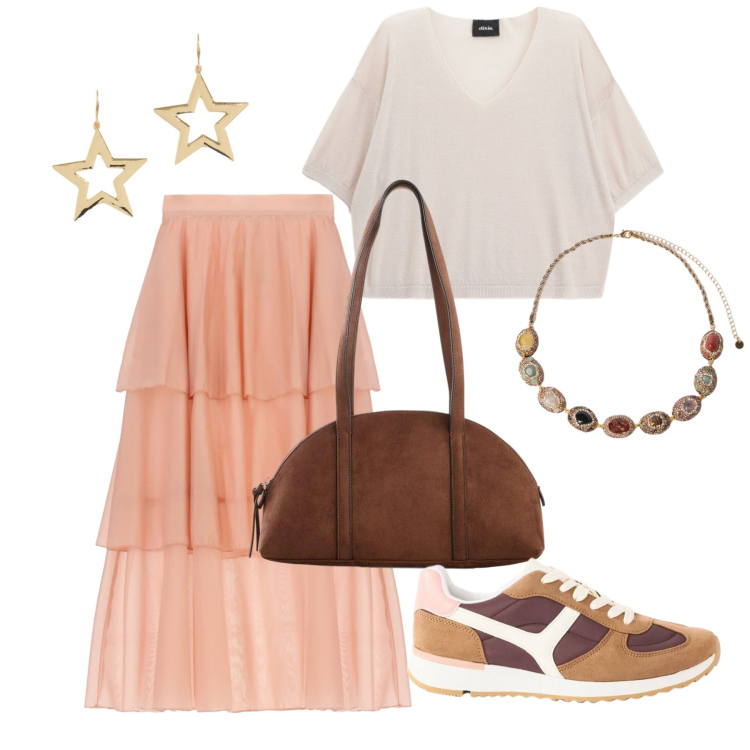 Outfit donna - Settembre. Stile Romantica per Tutti i giorni. Abbinamento con borse a tracolla, sneakers, maglieria, gonne lunghe, collane, orecchini.