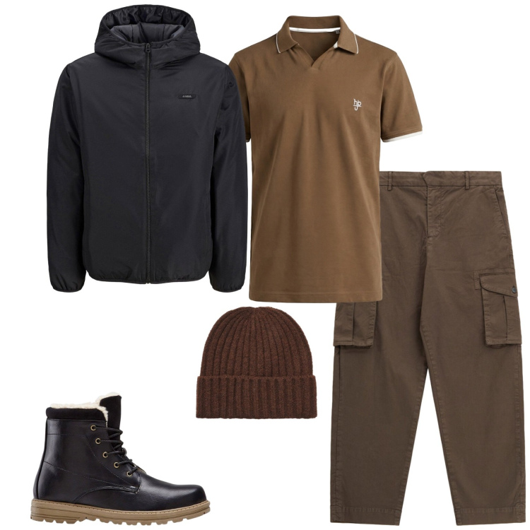 Outfit uomo - Total look #2476857. Stile Urban per Tutti i giorni. Abbinamento con polo, pantaloni cargo, berretti, stivali e stivaletti, giacche.