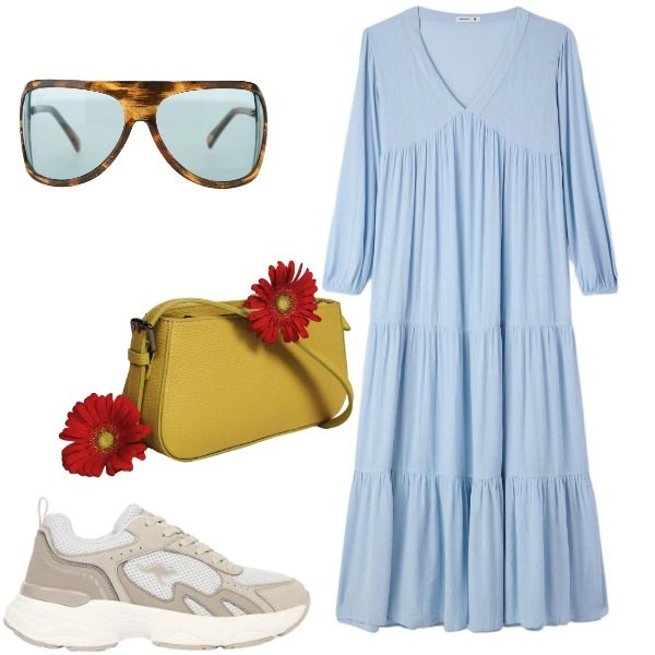 Outfit donna - Sneakers mania - @tiffany22. Stile Sporty chic per Tutti i giorni. Abbinamento con sneakers, vestiti lunghi, occhiali da sole, borse a spalla.