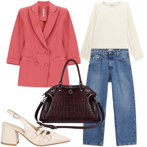 Outfit donna - Una giacca in città - @susystyle. Stile Trendy per Ufficio. Abbinamento con décolleté, blazer, jeans dritti, t-shirt, shopping bag.