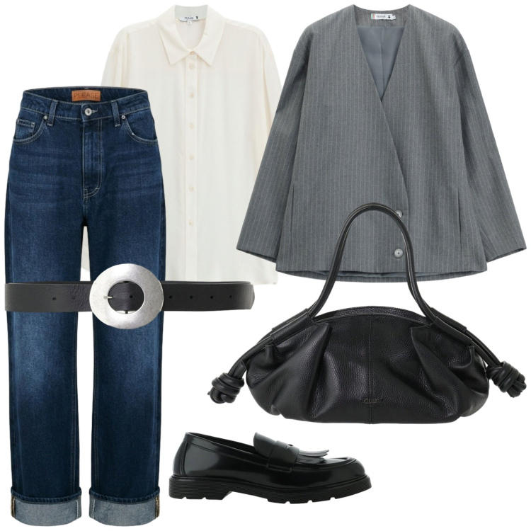 Outfit donna - Urban please. per Ufficio. Abbinamento con mocassini, borse a mano, cinture, jeans dritti, blazer, camicie.