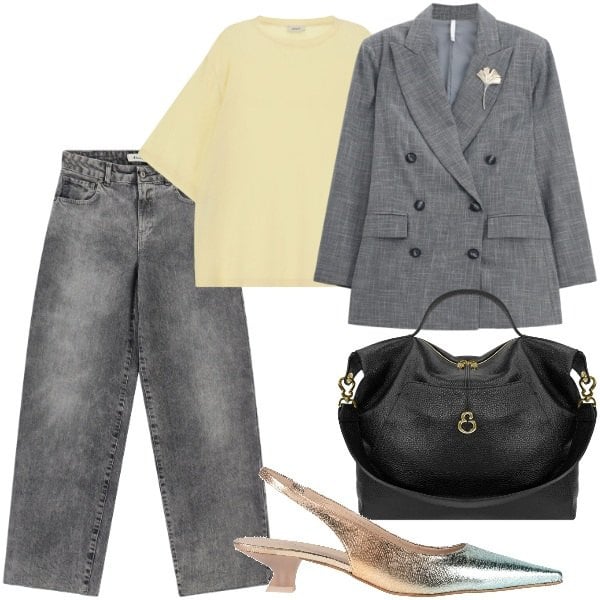 Outfit donna - Una giacca in città - @susystyle. Stile Trendy per Ufficio. Abbinamento con décolleté, blazer, t-shirt, jeans, borse a spalla.