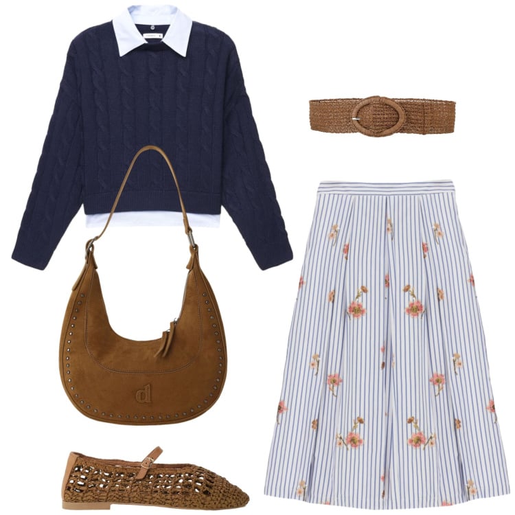 Outfit donna - Total look #2476863. Stile Romantica per Tutti i giorni. Abbinamento con cinture, maglieria, borse a spalla, gonne longuette, ballerine.