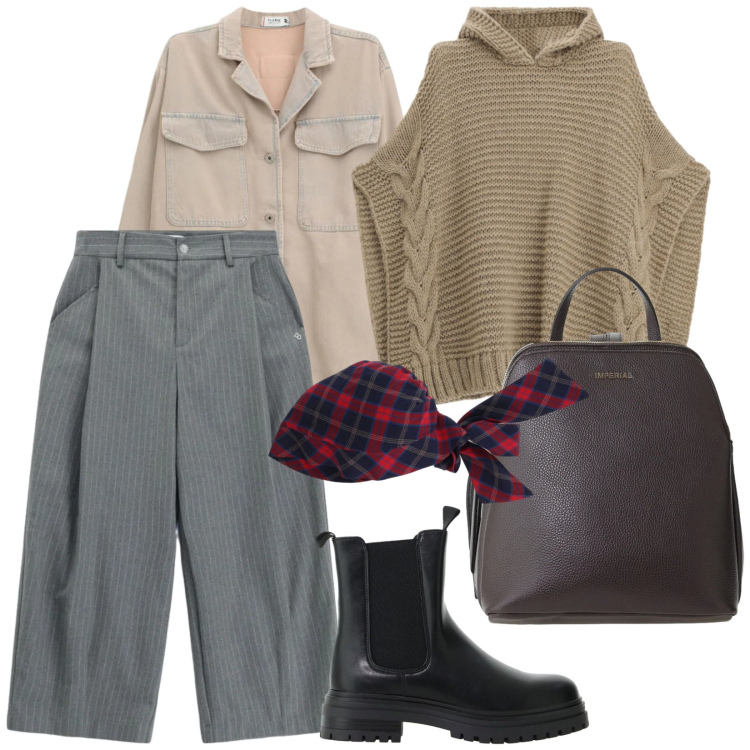 Outfit donna - Urban style. per Tutti i giorni. Abbinamento con zaini, stivaletti chelsea, fasce per capelli, maglieria, pantaloni a palazzo, camicie.