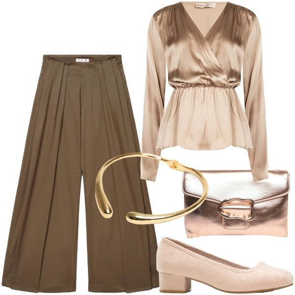 Outfit donna - Pantalone palazzo e blusa in seta - FDC. Stile Chic per Serata fuori. Abbinamento con décolleté, pantaloni a palazzo, bluse, collane, clutch.