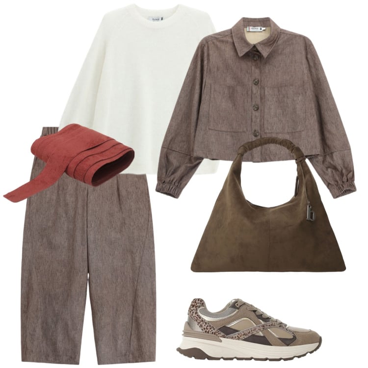 Outfit donna - A scuola. per Scuola/Università. Abbinamento con cinture, sneakers, pantaloni a palazzo, cappotti, maglieria, borse a spalla.