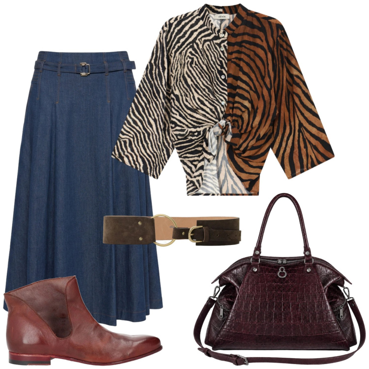 Outfit donna - Total look #2476868. Stile Trendy per Serata fuori. Abbinamento con stivaletti, gonne longuette, cinture, camicie, shopping bag.