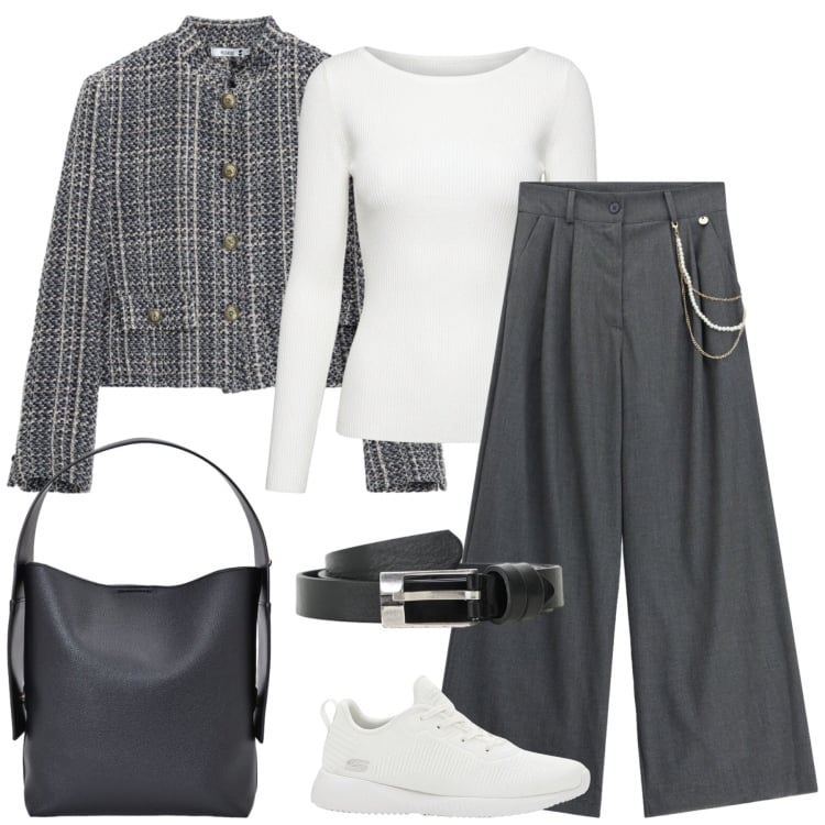 Outfit donna - Total look #2476869. Stile Casual chic per Tutti i giorni. Abbinamento con sneakers, pantaloni a palazzo, cappotti, cinture, borse a spalla, t-shirt.