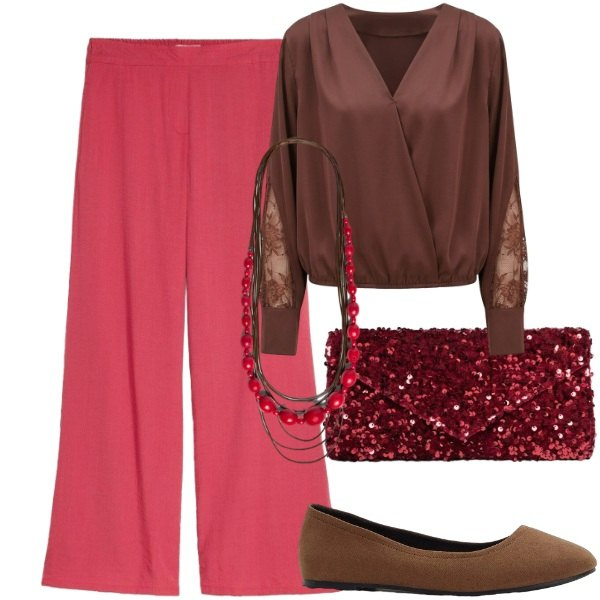 Outfit donna - Pantalone palazzo e blusa di seta - FDC. Stile Chic per Serata fuori. Abbinamento con ballerine, pantaloni a palazzo, bluse, collane, pochette.
