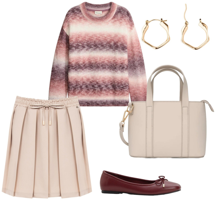 Outfit donna - Romantica. per Tutti i giorni. Abbinamento con orecchini, ballerine, maglieria, borse a tracolla, minigonne.