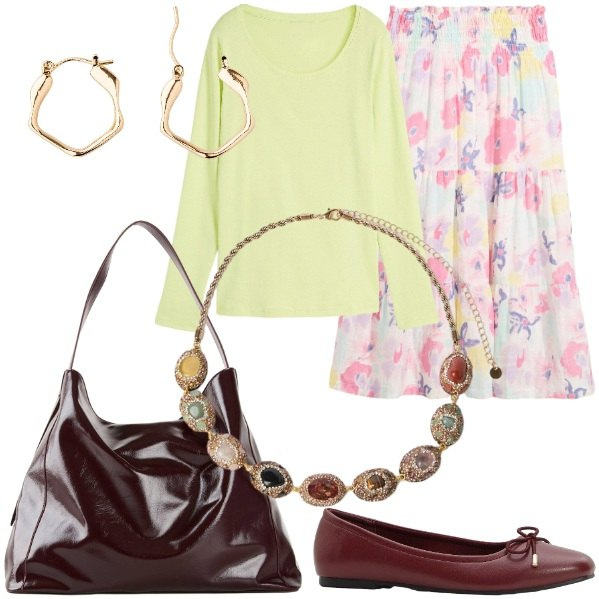 Outfit donna - Maglieria Leggera e Gonne Midi. Stile Romantica per Tutti i giorni. Abbinamento con orecchini, maglieria, ballerine, shopping bag, gonne longuette, collane.