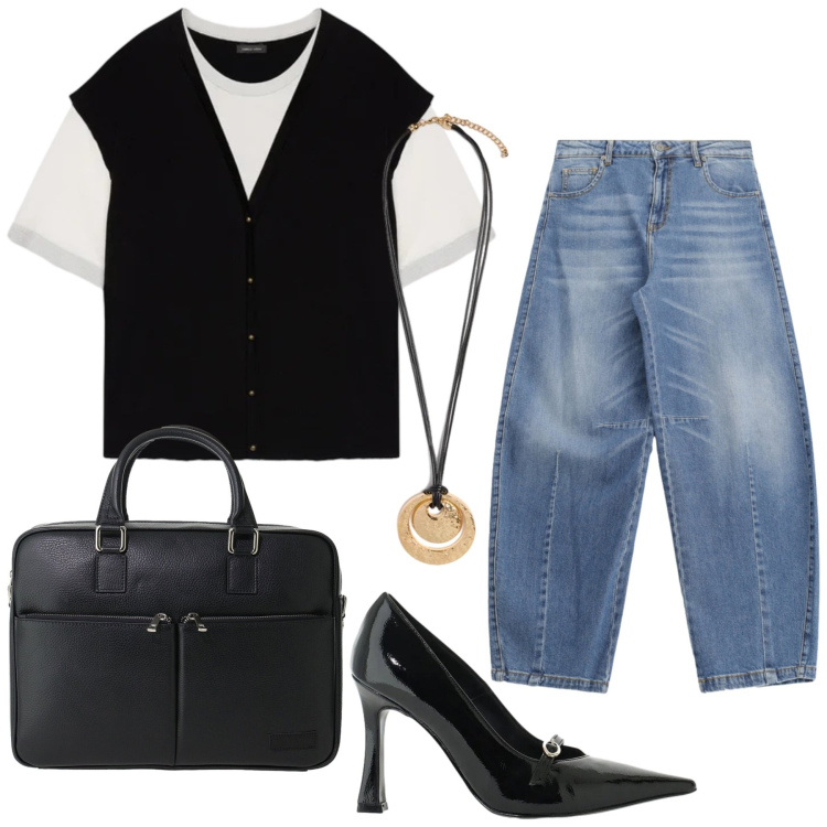 Outfit donna - Total look #2476874. Stile Casual chic per Ufficio. Abbinamento con décolleté, borse messenger, jeans, ciondoli, maglieria.
