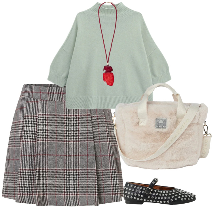 Outfit donna - Autunno. per Tutti i giorni. Abbinamento con pullovers, ballerine, minigonne, borse tote, ciondoli.