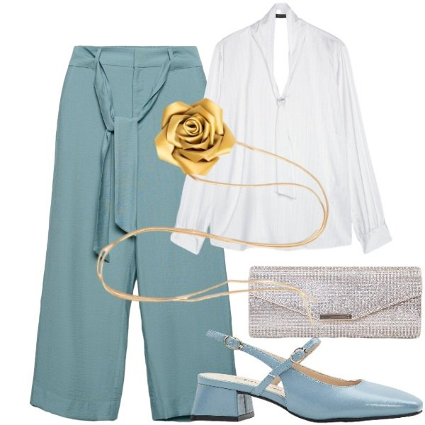 Outfit donna - Pantalone palazzo e blusa in seta - FDC. Stile Chic per Cerimonia. Abbinamento con décolleté, pantaloni a palazzo, clutch, bluse, collane.