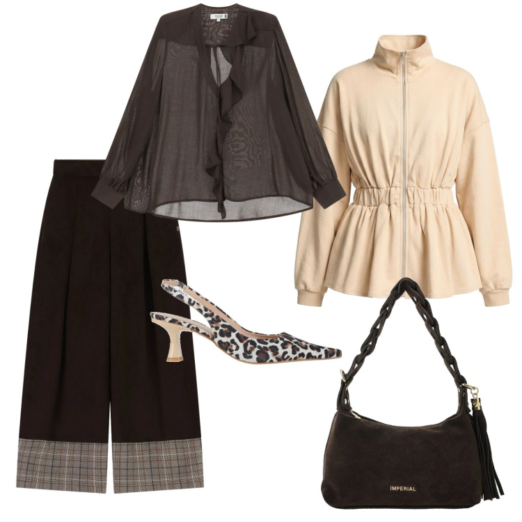 Outfit donna - Il mio outfit del sabato. Stile Casual chic per Tutti i giorni. Abbinamento con décolleté, borse a spalla, felpe, bluse, pantaloni a palazzo.