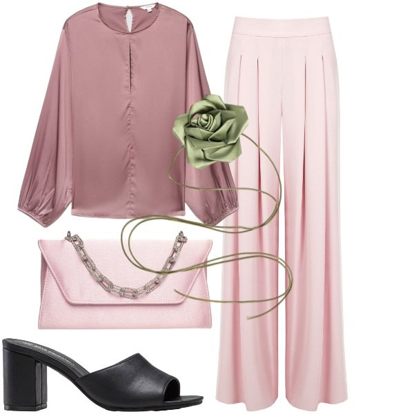 Outfit donna - Pantalone palazzo e blusa di seta - FDC. Stile Chic per Cerimonia. Abbinamento con sandali col tacco, bluse, pantaloni a palazzo, collane, pochette.