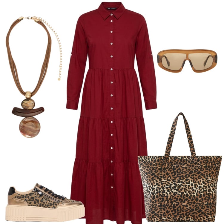 Outfit donna - Total look #2476879. Stile Boho per Tutti i giorni. Abbinamento con sneakers, shopping bag, vestiti chemisier, occhiali da sole, ciondoli.