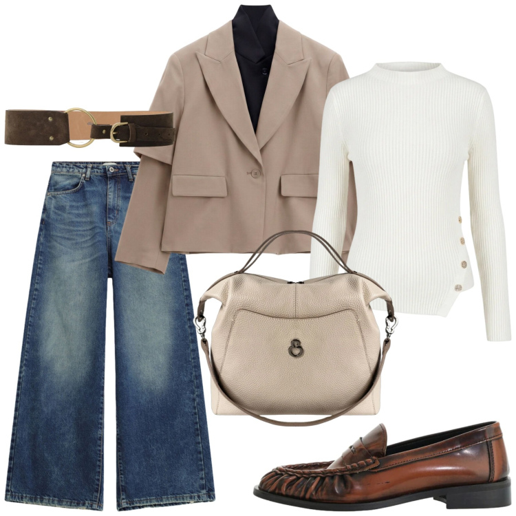 Outfit donna - Total look #2476882. Stile Mannish per Ufficio. Abbinamento con blazer, mocassini, cinture, jeans, maglieria, borse a mano.