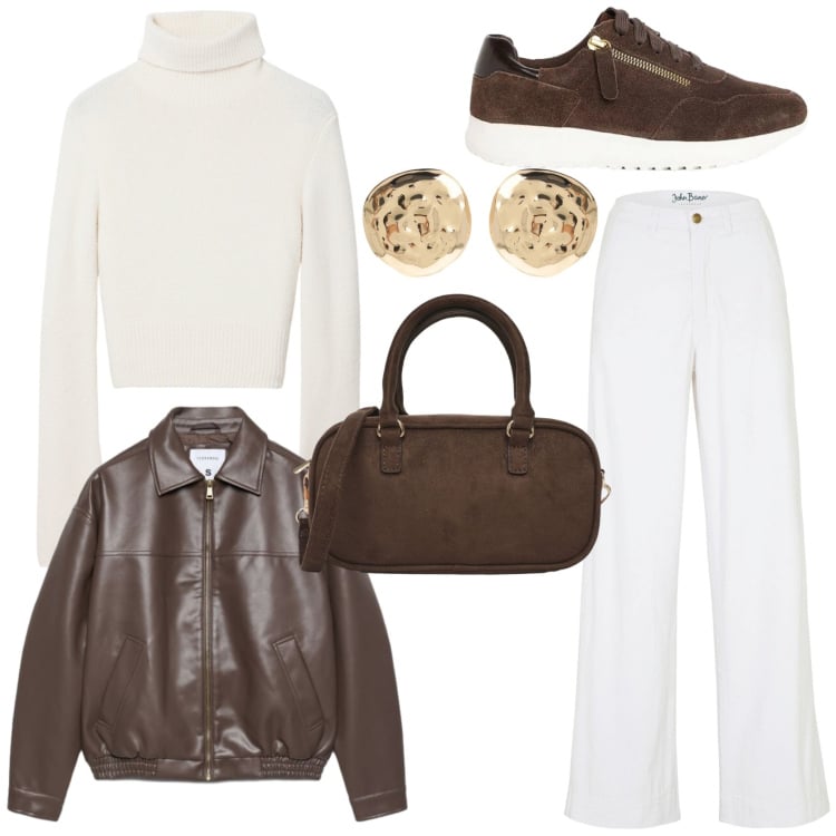 Outfit donna - Fall outfit ideas. Stile Casual chic per Tutti i giorni. Abbinamento con jeans, sneakers, borse a tracolla, bomber, maglieria, orecchini.