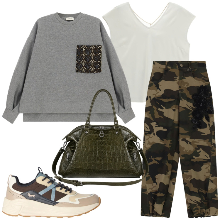 Outfit donna - Total look #2476886. Stile Military per Tutti i giorni. Abbinamento con sneakers, t-shirt, felpe, pantaloni, shopping bag.