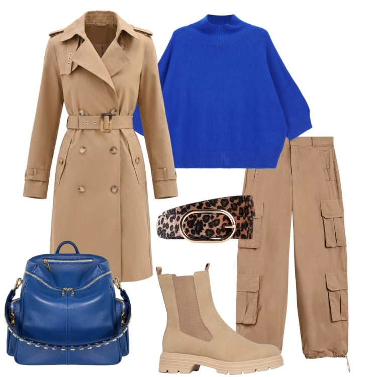 Outfit donna - Trench per il tempo che cambia. Stile Casual per Ufficio. Abbinamento con cinture, stivaletti, pullovers, trench, pantaloni cargo, zaini.