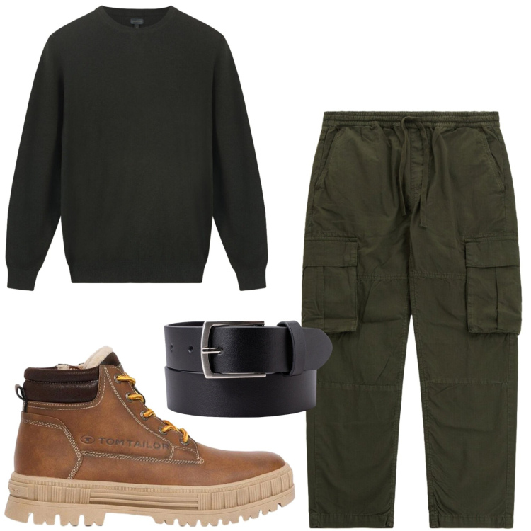 Outfit uomo - Total look #2476889. Stile Urban per Tutti i giorni. Abbinamento con pantaloni cargo, cinture, maglieria, stivali e stivaletti.