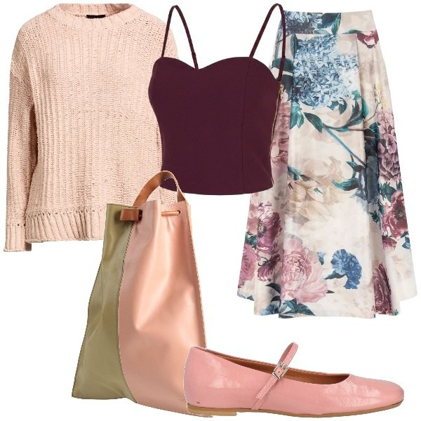 Outfit donna - un look femminile e romantico. Stile Glamour per Tutti i giorni. Abbinamento con pullovers, zaini, ballerine, gonne longuette, top.