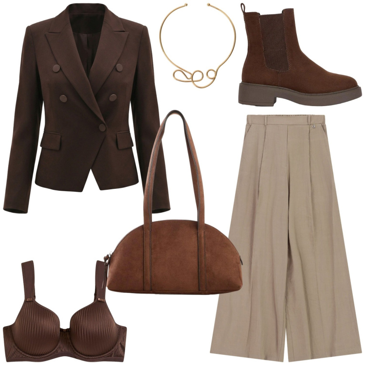 Outfit donna - Il blazer evergreen. Stile Casual chic per Tutti i giorni. Abbinamento con reggiseni, borse a tracolla, stivaletti, collane, pantaloni a palazzo, blazer.
