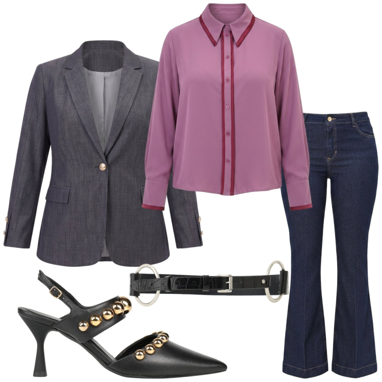 Outfit donna - Total look #2476911. Stile Casual chic per Ufficio. Abbinamento con décolleté, cinture, camicie, blazer, jeans a zampa.
