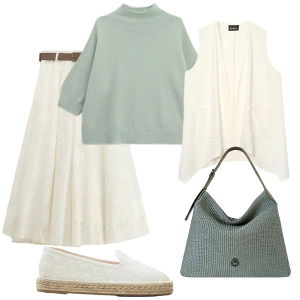 Outfit donna - Total look #2476912. Stile Romantica per Tutti i giorni. Abbinamento con gilet, borse a spalla, pullovers, gonne lunghe, espadrillas.